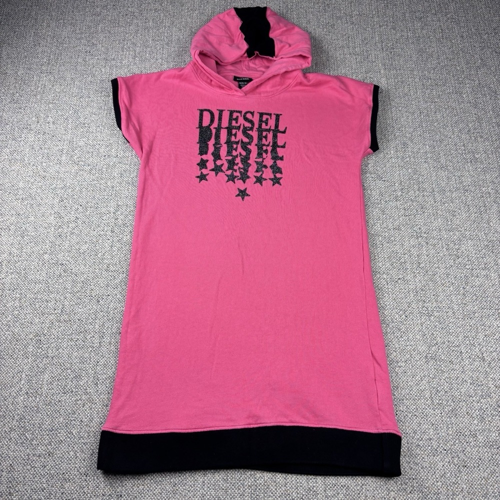 Diesel Girls Sweater Dress XL 14/16 Pink Fleece Logo Hoodie Short Sleeve Glitter